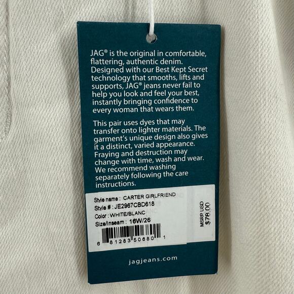 JAG Carter Jeans Size 16W NWT Midrise Girlfriend White Plus Curvy Cotton Stretch - Picture 8 of 16
